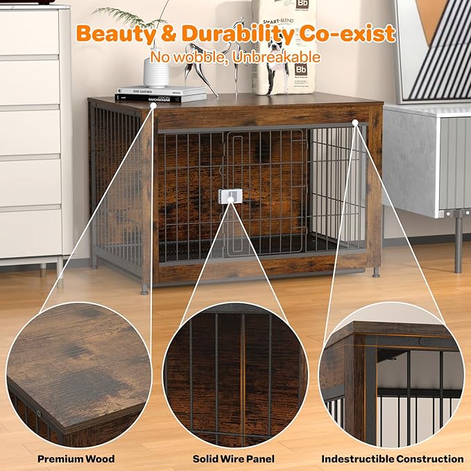Dog Crate Furniture, Wooden Dog Crate 38in, Decorative Cage with End Table for Dog Indoor Kennel, High Anxiety Dog, Escape-Proof Locks for All Breeds