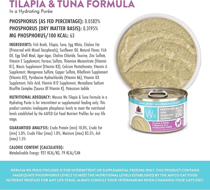 Weruva Wx Phos Focused, Tilapia & Tuna Formula in a Hydrating purée, 3oz Can (Pack of 12)