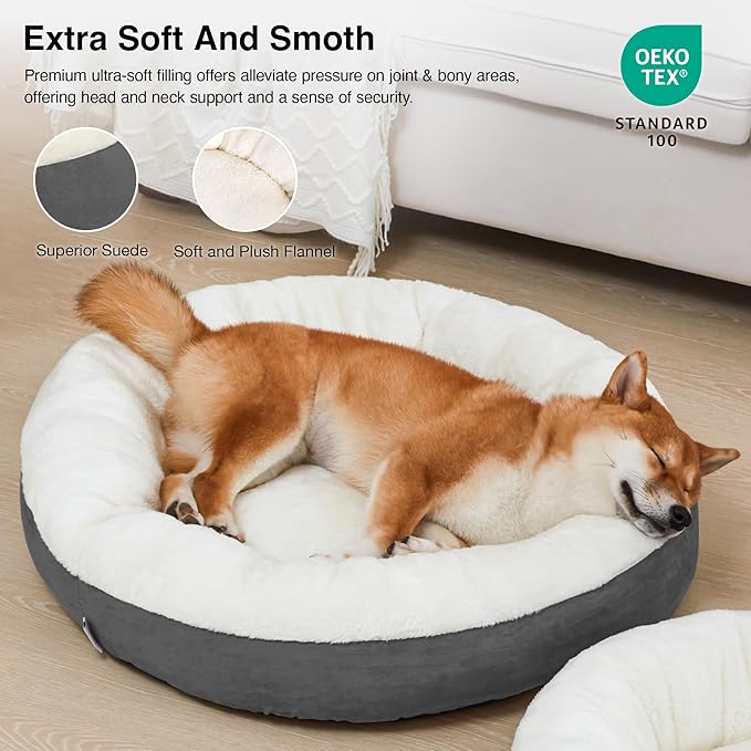 Love's cabin Round Donut Cat and Dog Cushion Bed, 30in Pet Bed for Medium or Large Dogs, Anti-Slip & Water-Resistant Bottom, Soft Durable Fabric Pet beds, Washable Calming Cat & Dog Bed Dark Grey