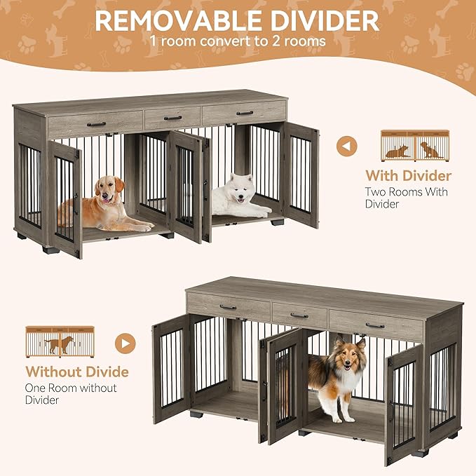 71'' Double Dog Crate Furniture, Large Dog Kennel Indoor with 3 Storage Drawers and Removable Divider for 2 Dogs, Heavy Duty Decorative Dog House TV Stand Side Table for Medium Large Dogs, Grey
