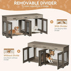 71'' Double Dog Crate Furniture, Large Dog Kennel Indoor with 3 Storage Drawers and Removable Divider for 2 Dogs, Heavy Duty Decorative Dog House TV Stand Side Table for Medium Large Dogs, Grey