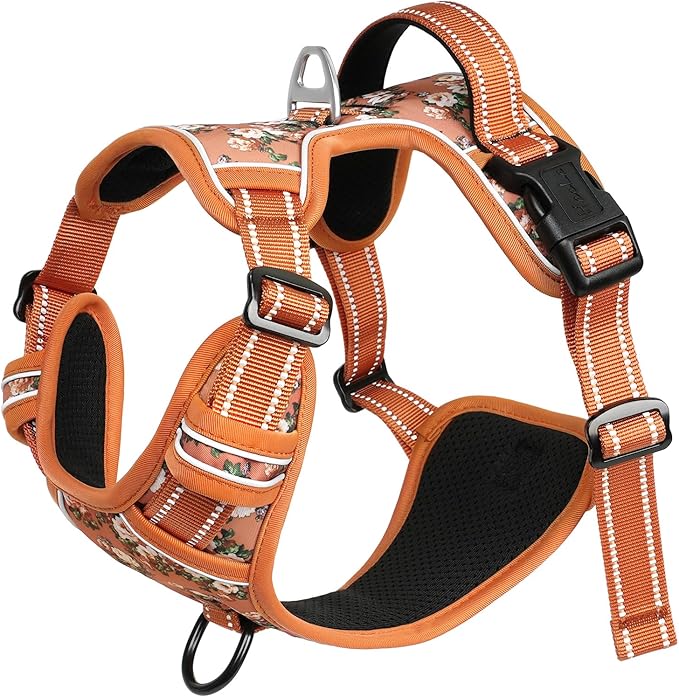 HEELE Dog Harness, No Pull Adjustable Padded Reflective Harness for Small Medium Large Dogs with Handle for Walking Training, Flower-Orange,L