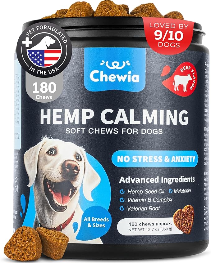 Hemp Calming Chews for Dogs - Dog Calming Treats - Anxiety Relief for Dogs with L-Theanine, Chamomile Extract, Valerian Root - Dog Anxiety Relief for Travel, Vet Visits, Thunderstorms, Nail Trimming