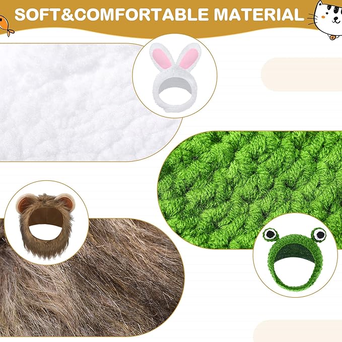 Weewooday 5 Pcs Cat Adorable Costume Bunny Hat with Ears Funny Mane Cat Hat for Pets and Small Dogs Kitten Puppy Party Costume Accessory Headwear(Lion, Frog, Rabbit, Sunflower, Banana)