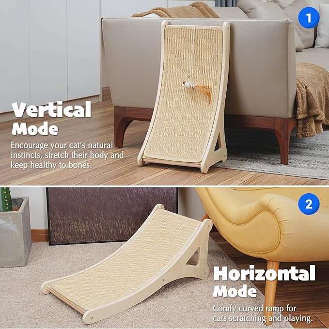 PETKARAY Curved Cat Scratcher, Sisal Kitty Scratching Ramp, L Shape Scratch Pad for Indoor Cats, 25.6" Furniture Protector with Mouse Toy