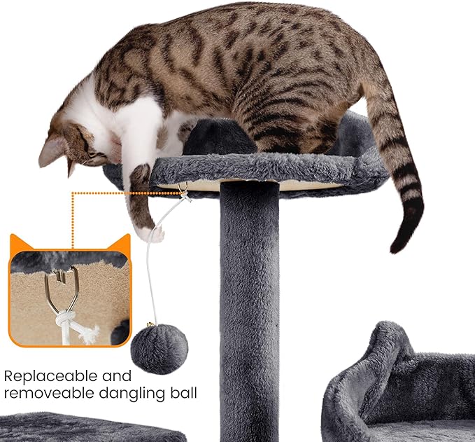 Yaheetech XL Cat Tree, 72in Multi-Level Cat Tower with 2 Cozy Caves, 3 Soft Perches, Scratching Posts, Board, and Dangling Ball, Pet Furniture Play House for Kittens/Cats, Dark Gray