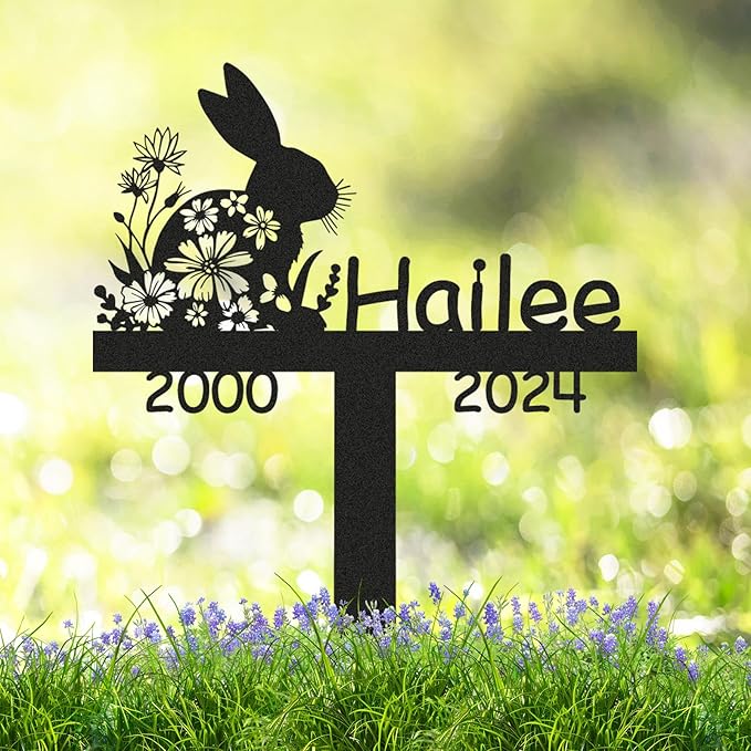 Custom Rabbit Memorial Garden Stake, Personalized Pet Plaque, Metal Engraved Sign with Stake, 8 Inches, Black
