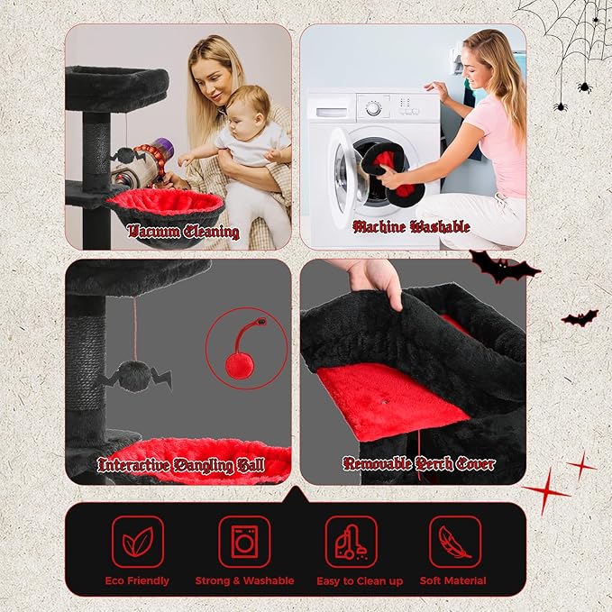 PETEPELA Gothic Cat Tree Tower for Indoor Cats, 31.5'' Small Cat Tower Condo with Sisal Scratching Ramp, Cozy Hammock and Removable Flower Cat Bed Perch for Kittens, Black