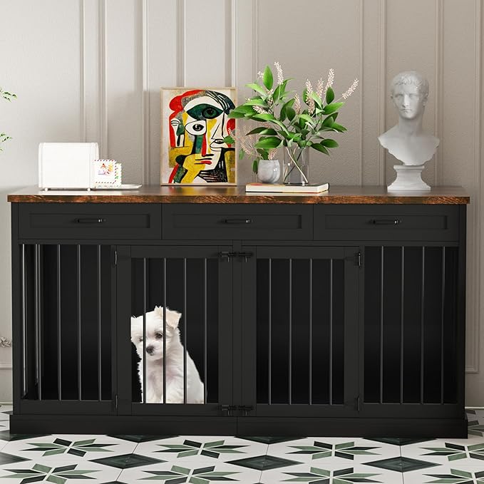 Dog Crate Furniture, 63 Inch Kennel Cage Furniture Large Breed with 3 Drawers, Wooden Double Dog Crate Furniture Table for 2 Dogs, Crates for Large Dogs Furniture - Black