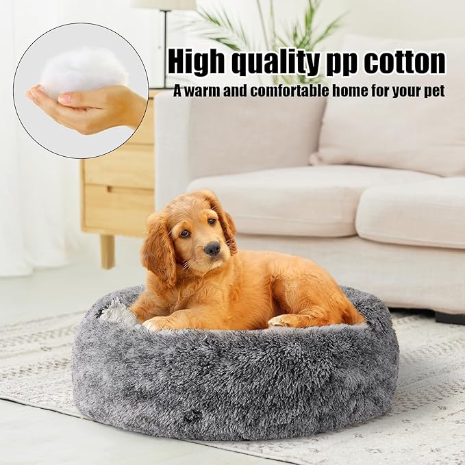 Calming Dog Beds & Cat Cave Bed with Hooded Cover,Washable Round Beds for Small Medium Pets,Anti-Slip Faux Fur Fluffy Coved Bed,Comfortable Warming Pet Bed (16 * 16inch,Grey)