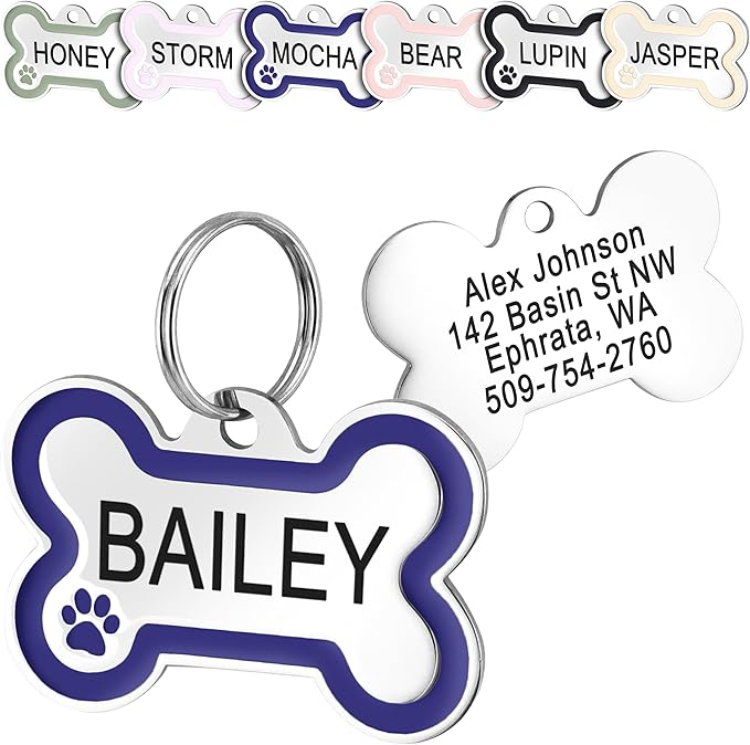 GoTags Stainless Steel Bone Dog Tag with Color Outline and Paw Print, Personalized Pet ID Tag for Dogs and Cats, Custom Engraving with up to 5 Lines of Text on Both Sides (Blue, Regular)