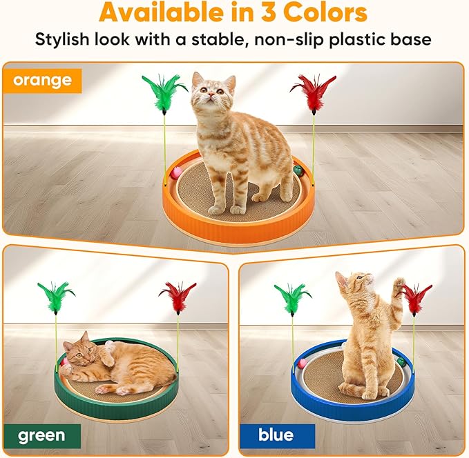 Extra-Large Round Cat Scratcher with Ball Track – 3-in-1 Circular Cardboard Scratching Pad with Feather Toys – Interactive Cat Toy Round Track for Indoor Cats, Kitten Play Lounge Board (Orange)