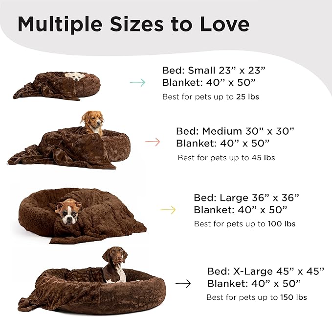 Best Friends by Sheri Bundle Set The Original Calming Lux Donut Cuddler Cat and Dog Bed + Pet Throw Blanket Dark Chocolate Large 36" x 36"
