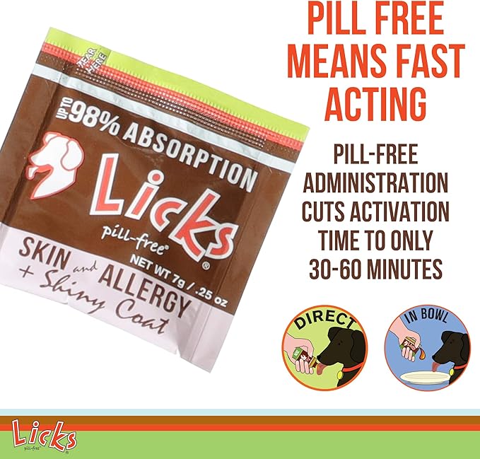 Licks Pill-Free Dog Skin & Allergy - Omega 3 Dog Allergy Relief - Vitamins & Supplements for Itch Relief - Turmeric Supplement for Skin - Gel Packets - 30 Use