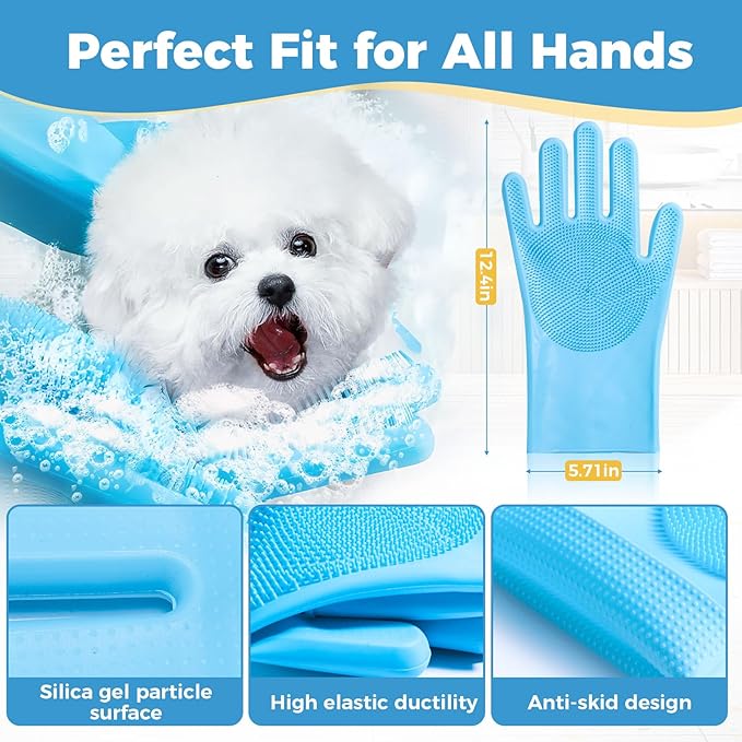 Pet Grooming Gloves, Dog Washing Gloves with Silicone Teeth, Dog Bathing Shampoo Brush, Heat Resistant Five-Finger Design for Bathing, Massaging, Hair Removal, Suitable for Dogs and Cats
