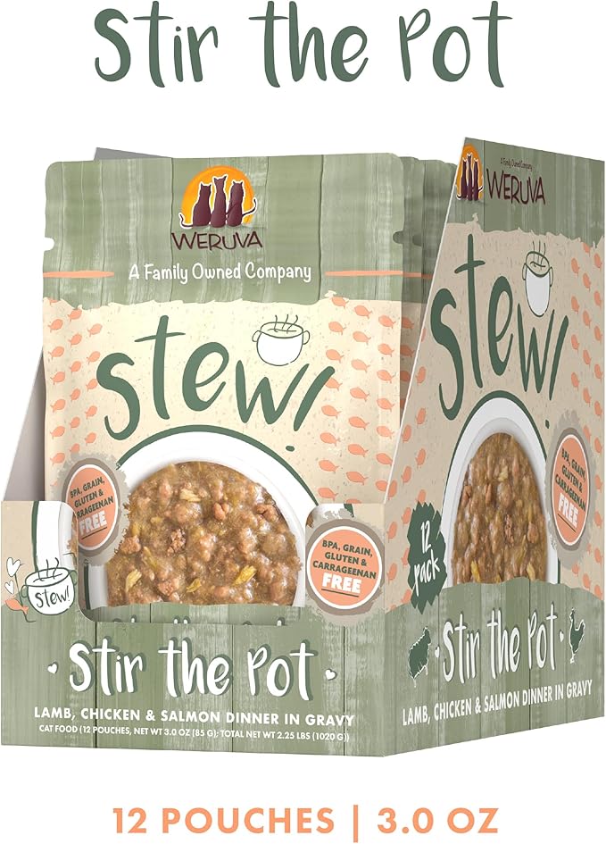 Weruva Classic Cat Stews!, Stir The Pot with Lamb, Chicken & Salmon in Gravy, 3oz Pouch (Pack of 12)