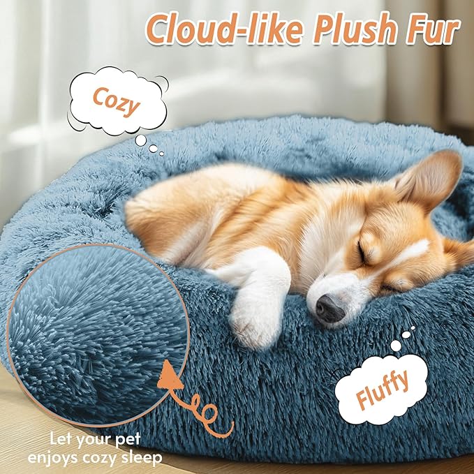 JOLLYVOGUE Calming Dog & Cat Bed for Large Dogs, Anti-Anxiety Donut Cuddler Cozy Soft Round Bed with Anti-Slip Bottom, Fluffy Faux Fur Plush Cushion Beds for Medium Dogs (36")