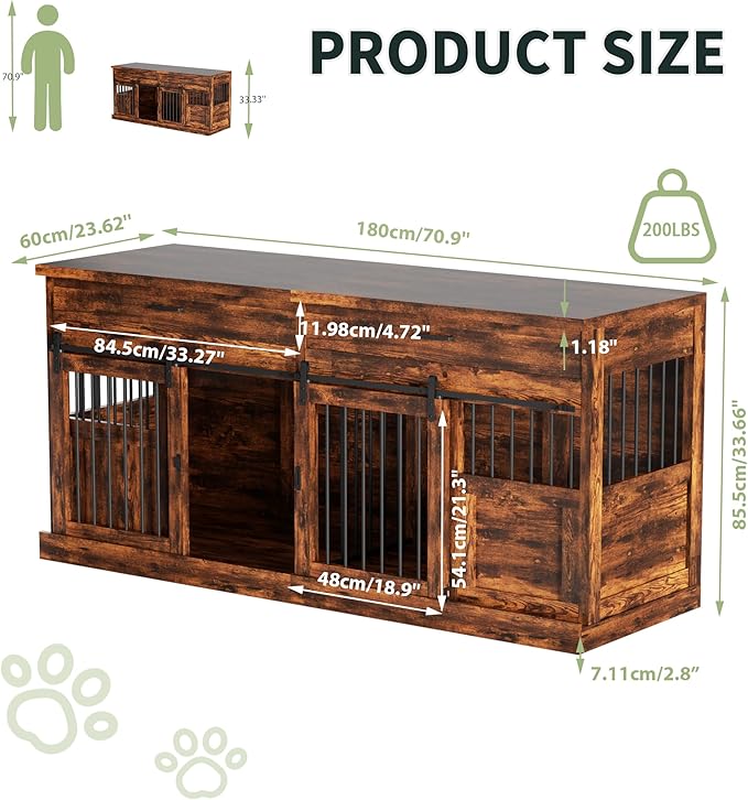 70.9" Dog Kennel Indoor Large, Wooden Farmhouse Dog Crate Furniture with with Divider, Furniture Dog Crate Large Dog