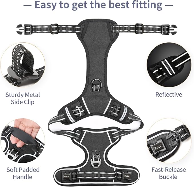 HEELE Dog Harness, No Pull Adjustable Padded Reflective Harness for Small Medium Large Dogs with Handle for Walking Training, Black, XL