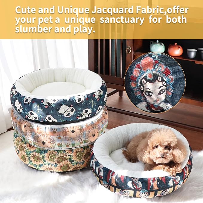 Circular Calming Dog & Cat Bed Anti-Anxiety Plush Dog Bed Washable Pet Bed with Anti Slip Backing Donut Cuddler with Cute Jacquard Patterns for Cat and Small Puppy 20" (X-Small, Beijing Opera)