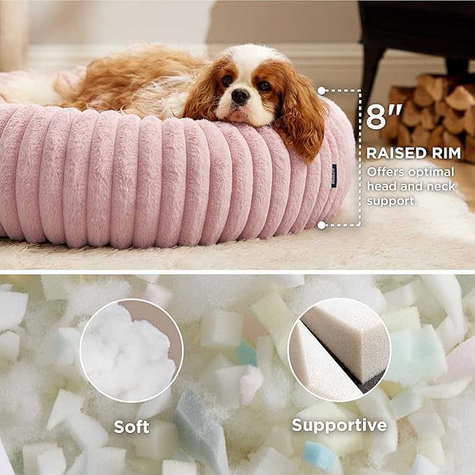 Bedsure Donut Medium Dog Bed - Washable Faux Fur Dog Bed Medium Size Dog with Corduroy Fleece & Anti Slip Bottom, Round Pet Beds with Removable Cover, Blush Pink, 30x30x8 inches