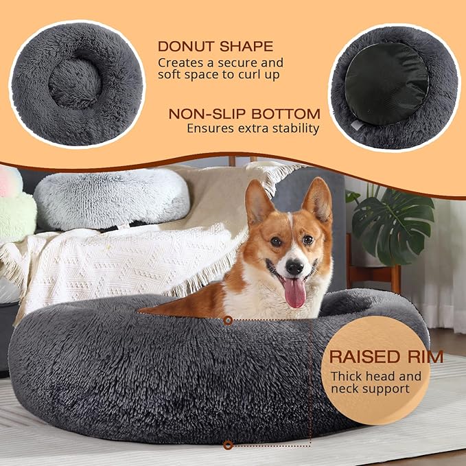 JOLLYVOGUE Dog Bed, Calming Anti-Anxiety Large Dog Bed, Fluffy Donut Cushion for Medium and Large Pets (27"/30"/36")