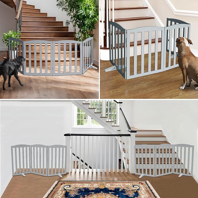 ZJSF Foldable Freestanding Indoor Dog Gate for House Wood Long Pet Gates Dog Fence for Stairs Puppy Gates for Hallways, Puppy Gate,Support Feet Included, Grey, 24 "Height-4 Panels