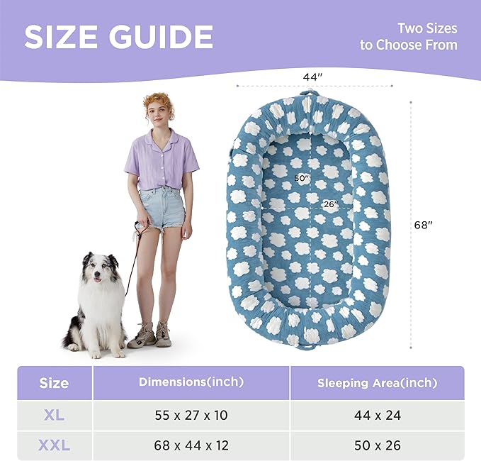 Lesure Human Dog Bed for Adult - Calming Human Size Dog Bed with Egg Foam Supportive Mat and Storage Pocket, Cute Modern Pet Beds with Jacquard Shaggy Plush & Anti Slip Bottom 55x37x10, Blue