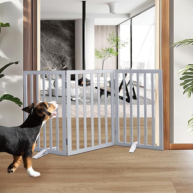 ZJSF Freestanding Indoor Dog Gate for House Foldable Wood Puppy Gate for Doorways Pet Gate for Stairs Extra Wide Pet Fence, Grey, 32" Height 3 Panels
