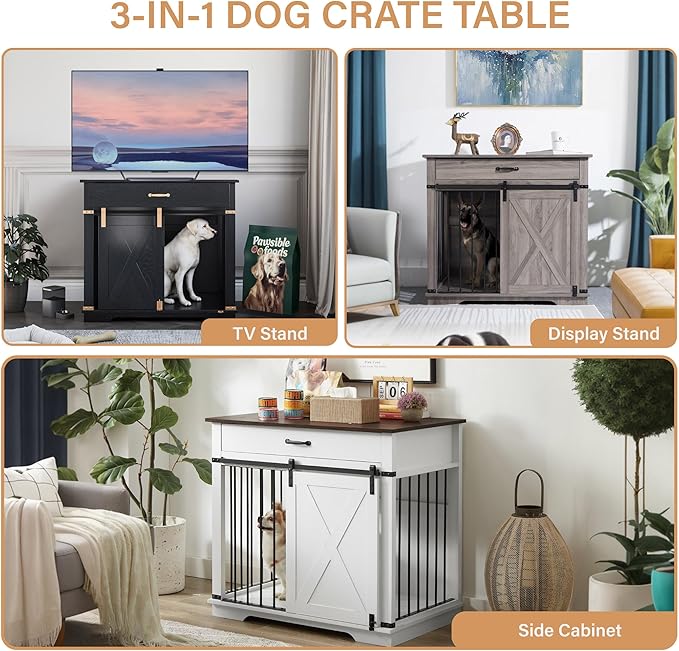 37.8'' Dog Crate Furniture with Storage Drawer, Decorative Wooden Dog Kennel with Sliding Barn Door, Indoor Water Resistant Cage for Pet, Small, Medium, Large Dog (Black Gold Oak)