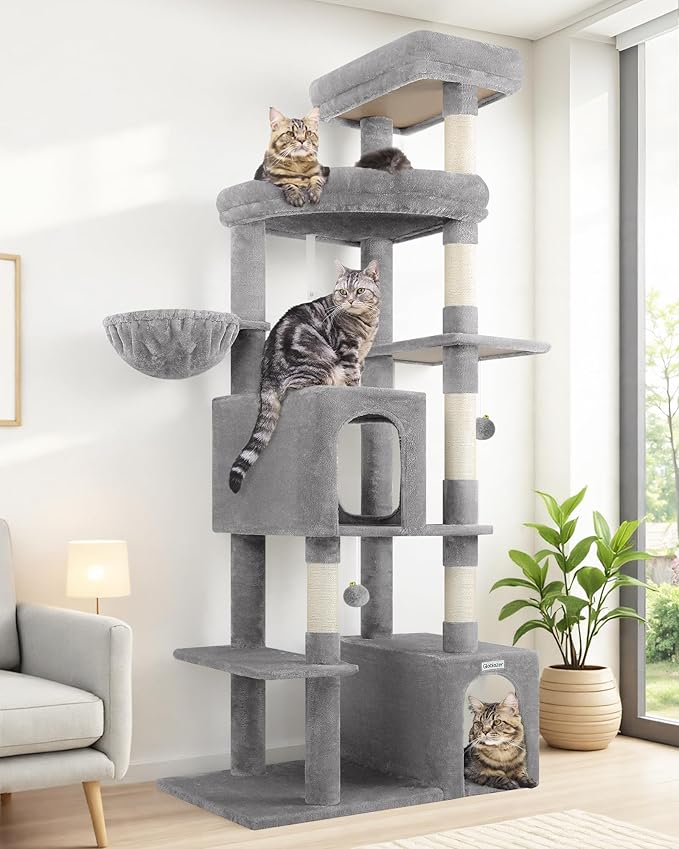Globlazer Expandable Cat Tree Tower, 70in Tall Sturdy Cat Tree for Indoor Cats Large Adult with 2 Spacious Cat Condos, 2 Enlarged Perches, 5 Scratching Posts, Use Alone or Combine, F70E, Light Grey