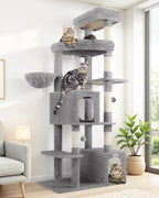 Globlazer Expandable Cat Tree Tower, 70in Tall Sturdy Cat Tree for Indoor Cats Large Adult with 2 Spacious Cat Condos, 2 Enlarged Perches, 5 Scratching Posts, Use Alone or Combine, F70E, Light Grey