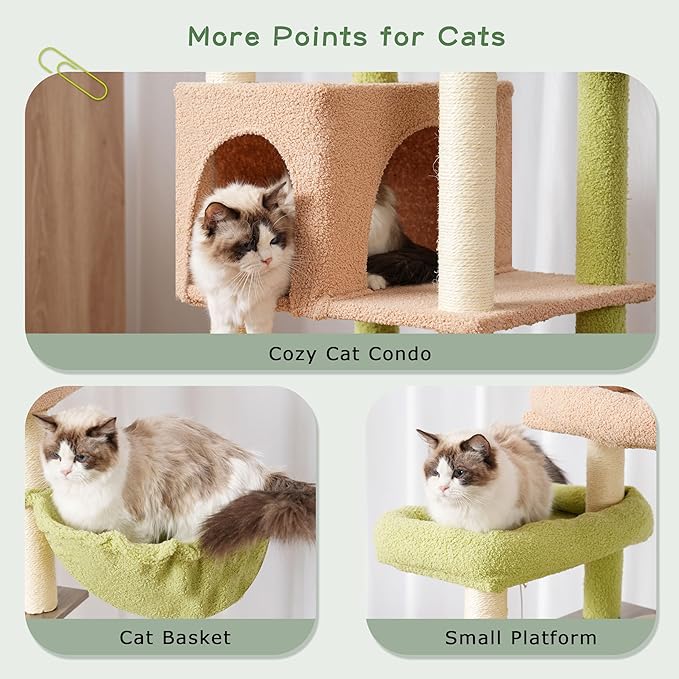 Cat Tree with Tunnel, Cat Tower for Indoor Cats, Tall Cactus Cat Tree Tower with Cat Condo, Food Station, Large Platform, Scratching Posts, Hammock, Green and Yellow GCT021GY