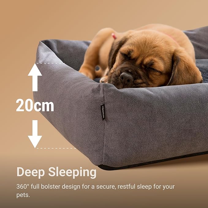 Durable Pet Bed for Small Dogs and Cats, 23" Rectangle Puppy Sofa with Bolster Sides, Washable Soft Fabric with Reversible Cushion, Easy to Clean and Perfect for Crate Use (Camel, S)