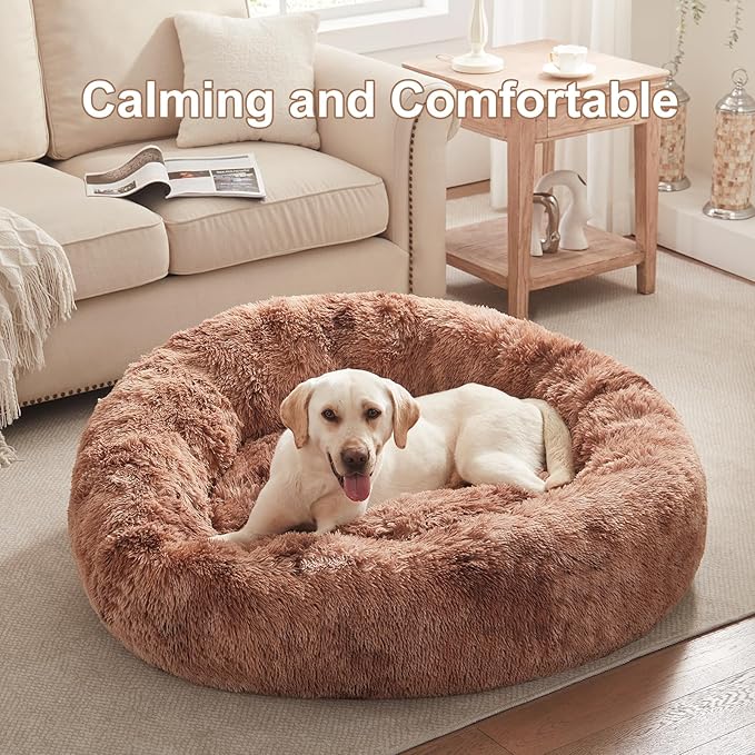 45 inches Donut Dog Bed for Extra Large Dogs,Calming Fluffy Round Jumbo Pet Bed with Removable & Washable Cover, Fits up to 150 lbs Pets (Tie-dye Brown,XL)