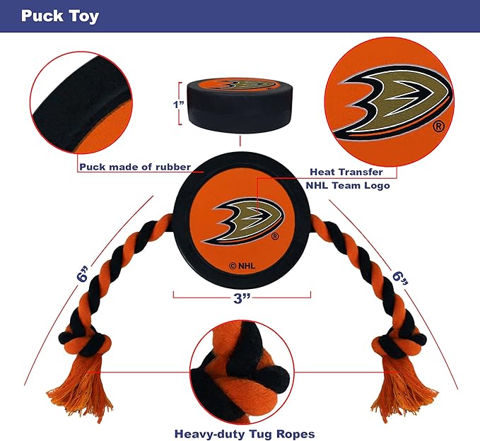 First Dog Puck Rubber Toy - Heavy-Duty Rope Tug for Dogs & Cats - Play Hockey with Your Pet - NHL Anaheim Ducks Licensed Toy