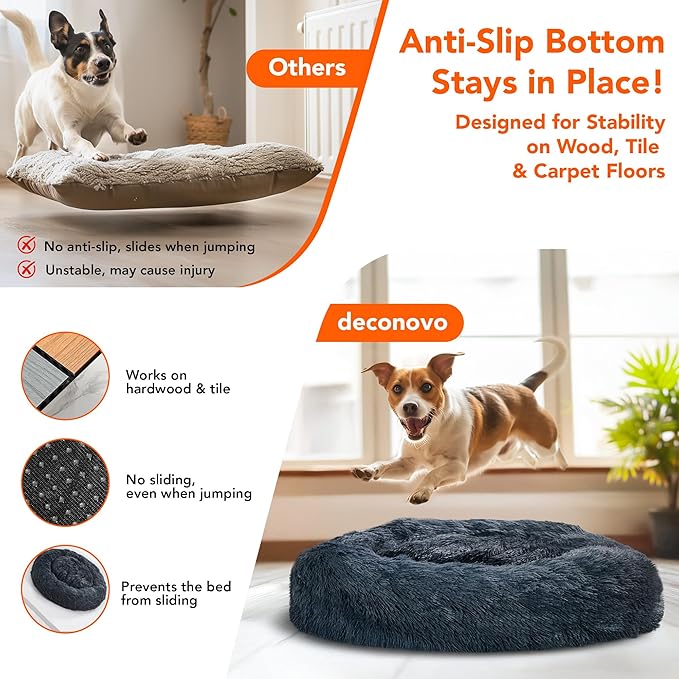 Deconovo Calming Donut Dog Bed, Washable Plush Round Pet Bed for Small Dogs & Cats with Raised Rim, Non-Slip Base and Soft Faux Fur—Lightweight, Easy-Care Design Dark Grey 25" L x 25" W x 8" Th