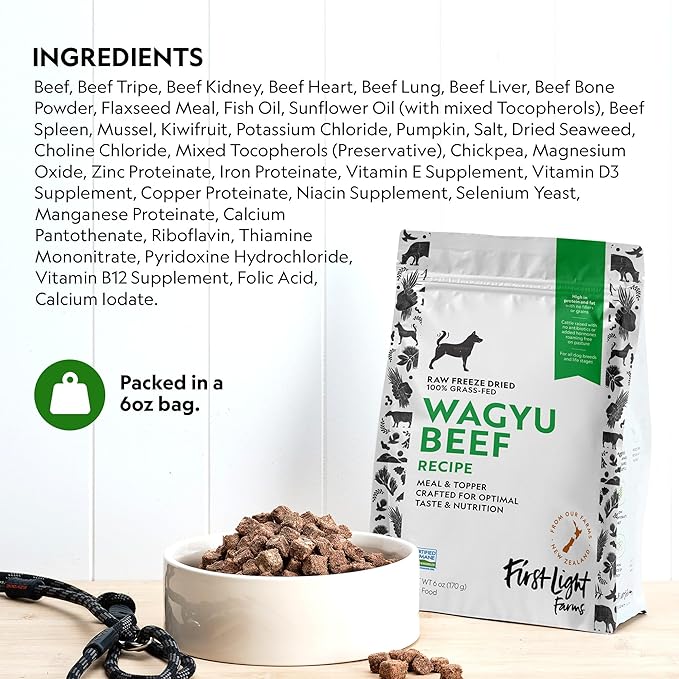 First Light Farms Freeze-Dried Dog Food Topper for Picky Eaters | High Protein Treat | Grain-Free Formula for All Breeds & Life Stages | Premium Wagyu Beef & Certified Humane | 6oz Bag