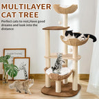 Big Modern Design Cat Tree Tower with White Cloud Mat, Unique Cat Supplies Tower with Scratching Post, Cute Wood Cat Tree Cat Furniture Activity Centre for Indoor Big Cats