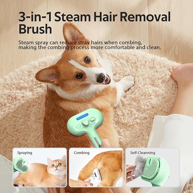 Pet Grooming Brush with Electronic Mist Spray - Gentle Deshedding Tool for Cats & Dogs, Pet Steam Brush，Reduces Shedding, Soft Bristles, Promotes Healthy Coat-Comes with a hair smoothing comb-Greener