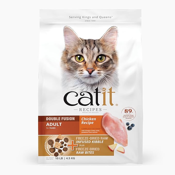 Catit Recipes Double Fusion Adult Cat Food – Chicken Recipe, High-Protein, Freeze-Dried Raw Toppings, No by-Products, Minimally Processed for Optimal Nutrition, 10 lb