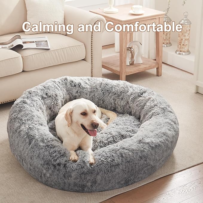 45 inches Donut Dog Bed for Extra Large Dogs,Calming Fluffy Round Jumbo Pet Bed with Removable & Washable Cover, Fits up to 150 lbs Pets (Dark Grey,XL)