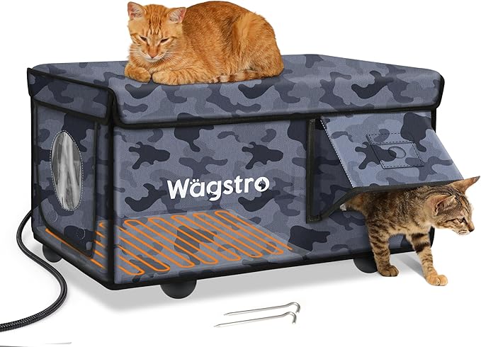 Heated Cat House for Outside, Waterproof Awning & Escape Door Heated Cat Houses for Indoor/Outdoor Cats in Winter, Elevated & Insulated Outdoor Cat Shelter for Feral Cat(Black Camo, 25.2"x16.5"x13")
