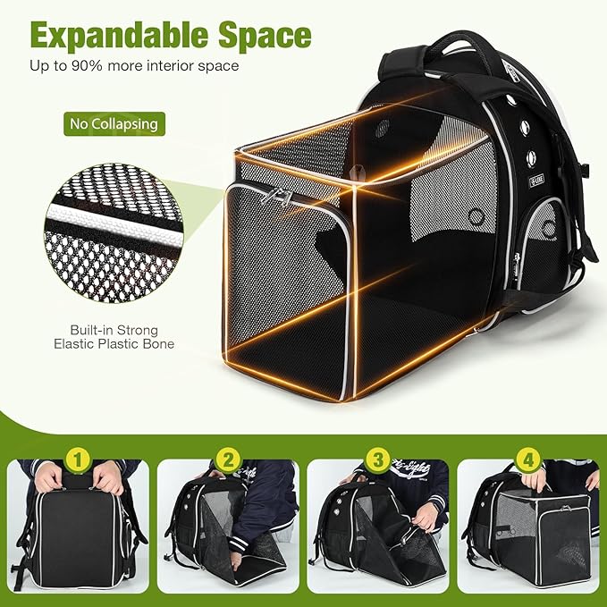 Lekereise Cat Backpack Carrier, Expandable Large Space Cat Bubble Backpack for Kitty Small Dog up to 18lbs, Transparent Pet Carrier for Travel, Hiking, Walking & Outdoor, Black