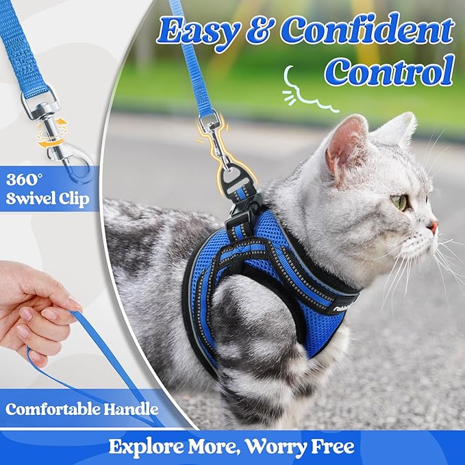 rabbitgoo Cat Harness and Leash Set for Walking Escape Proof, Adjustable Soft Kittens Vest with Reflective Strip for Cats, Comfortable Outdoor Vest, Blue, S
