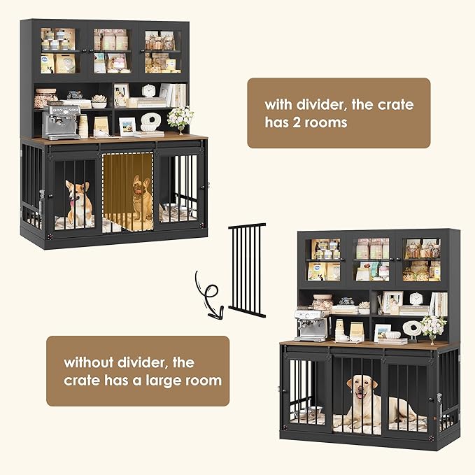 TTVIEW 71"H x 55"L Large Dog Crate Furniture with Hutch Shelf and Glass Door, Indoor Dog Kennel with Divider and Feeding Bowls for Large Dogs 2 Pets, Heavy Duty Dog Cage Pet House with 4 Doors, Black