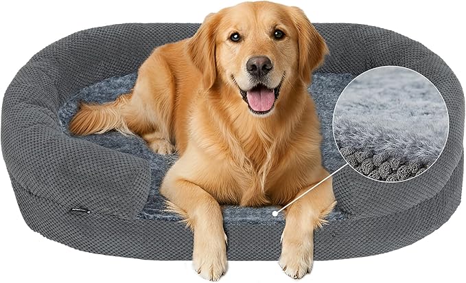 Orthopedic Dog Bed for Large Dogs, Egg Crate Memory Foam Fur Sofa with Comfortable Sides, Soft and Big Dog Couch Bed with Washable Removable Cover and Non-Slip Oval Bottom, 43" Grey