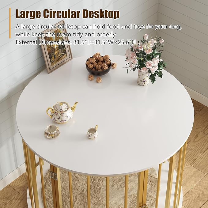 32 Inch Dog Crate Furniture for Large Medium Dogs, Wooden Dog Kennel Indoor Decorative Pet House Side End Table, Round Dog Cage, White and Gold