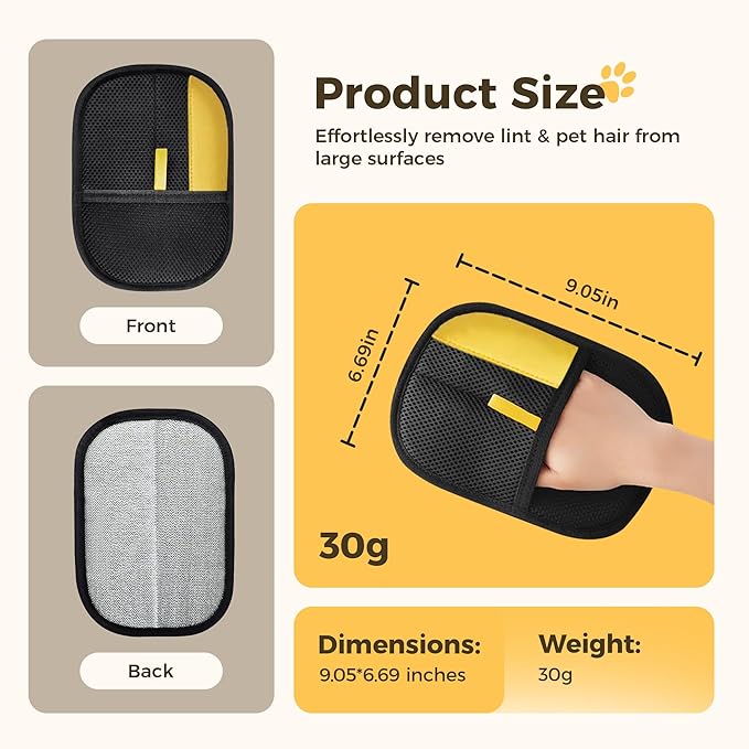 3 Pcs Electrostatic Pet Hair Removal Gloves with Bidirectional Bristle Design, Washable Reusable Cat Dog Hair Remover Grooming Glove Tool for Furniture, Bed Sheets,Car Seat (Yellow)