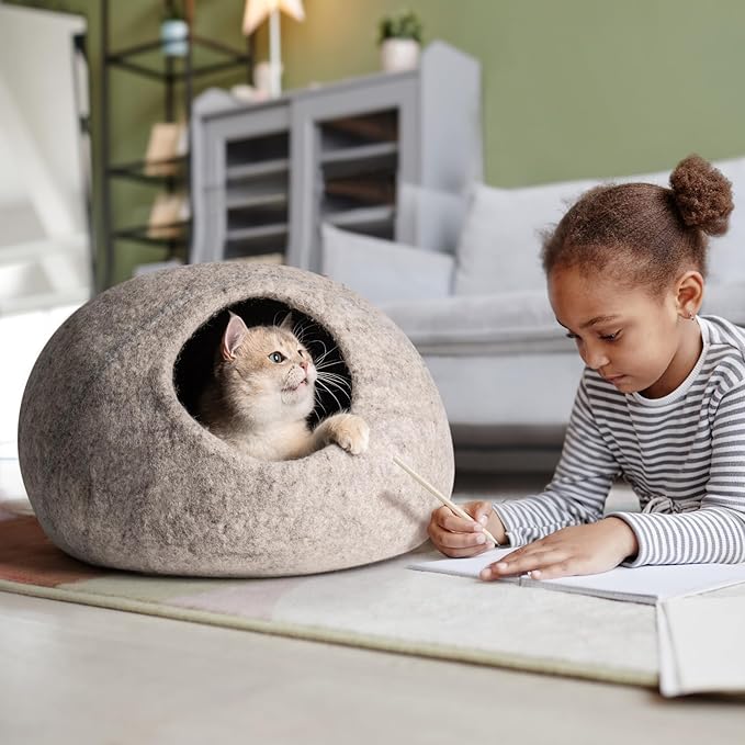 Cat Cave Bed -Handmade Wool Cat Bed Cave, Cat Bed Cat House, Felt Cat Caves for Indoor Cats and Kittens